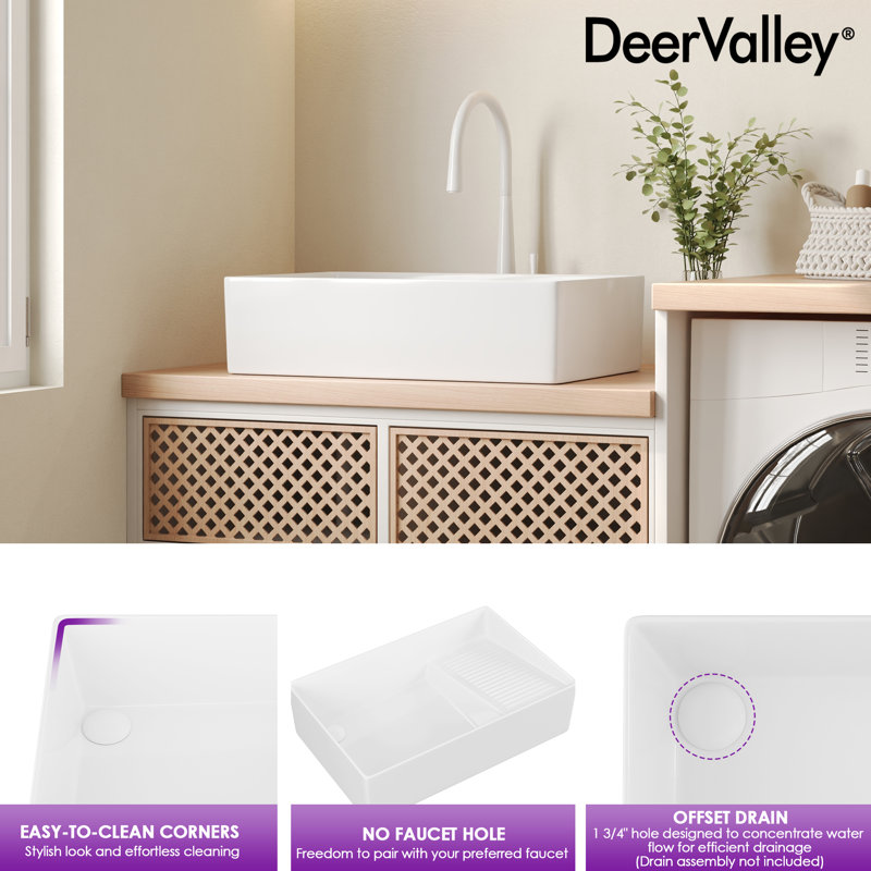 DeerValley Perch 24" X 15" Square Ceramic White Vessel Sink Bathroom ...